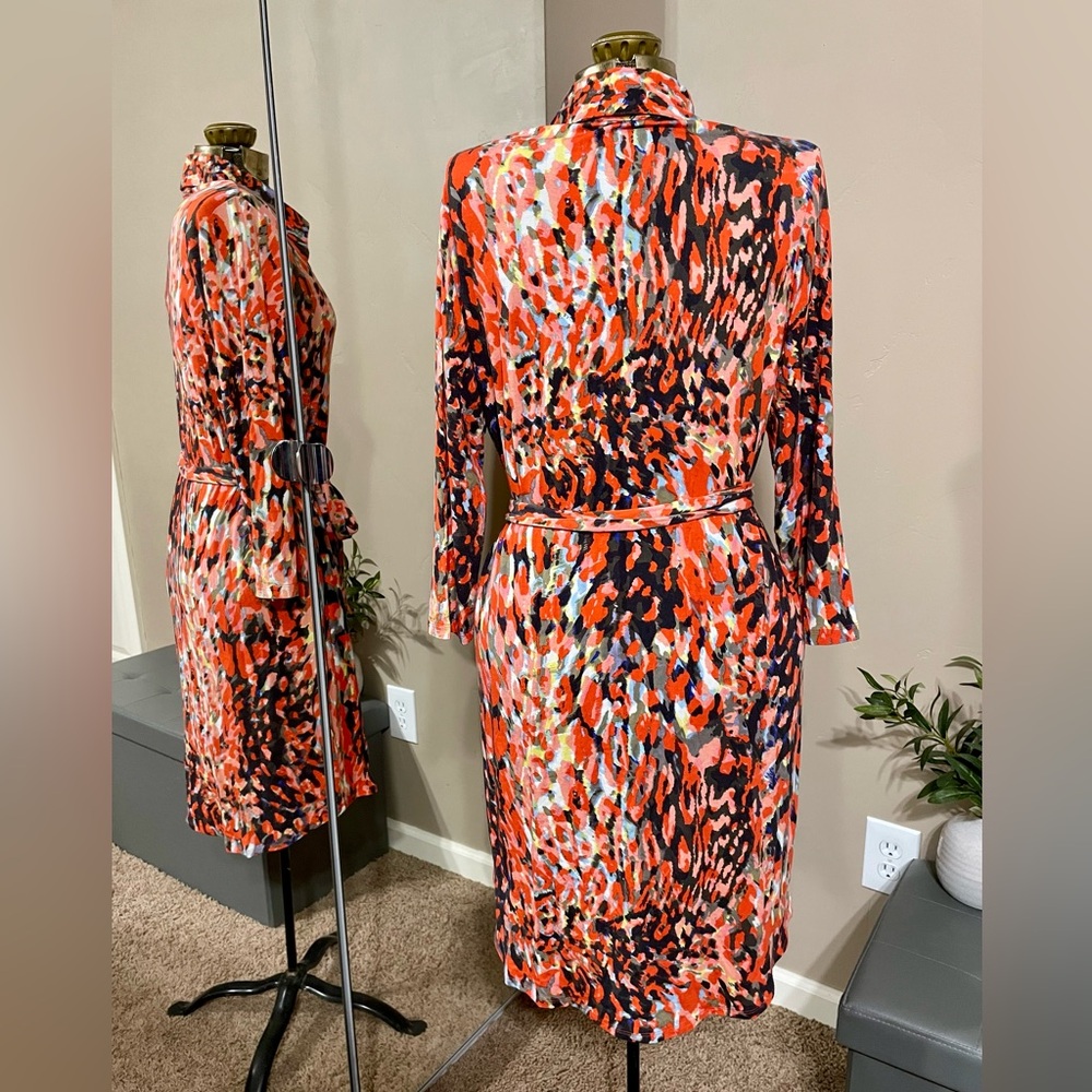CAbi Multicolor Abstract Belted Shirt Dress Jersey Knit Collared Office Preppy - Picture 2 of 9